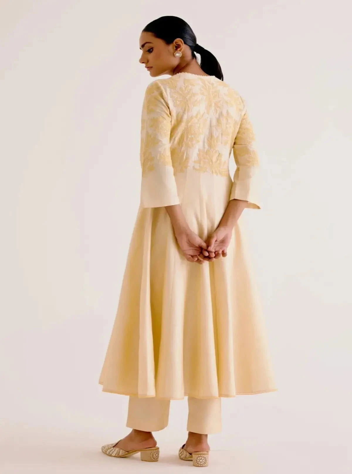 Lemon Yellow Cotton Silk Blend Hand-Painted Anarkali Set - Pallodstore