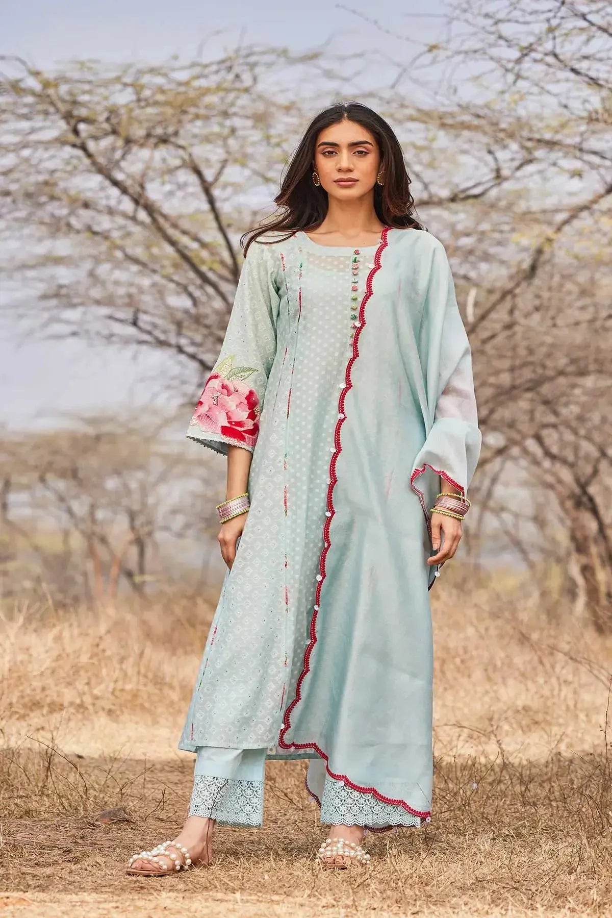 Light Blue Chanderi Jamdani Kurta With Pants And Dupatta - Pallodstore