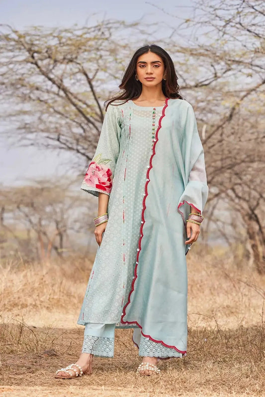 Light Blue Chanderi Jamdani Kurta With Pants And Dupatta - Pallodstore