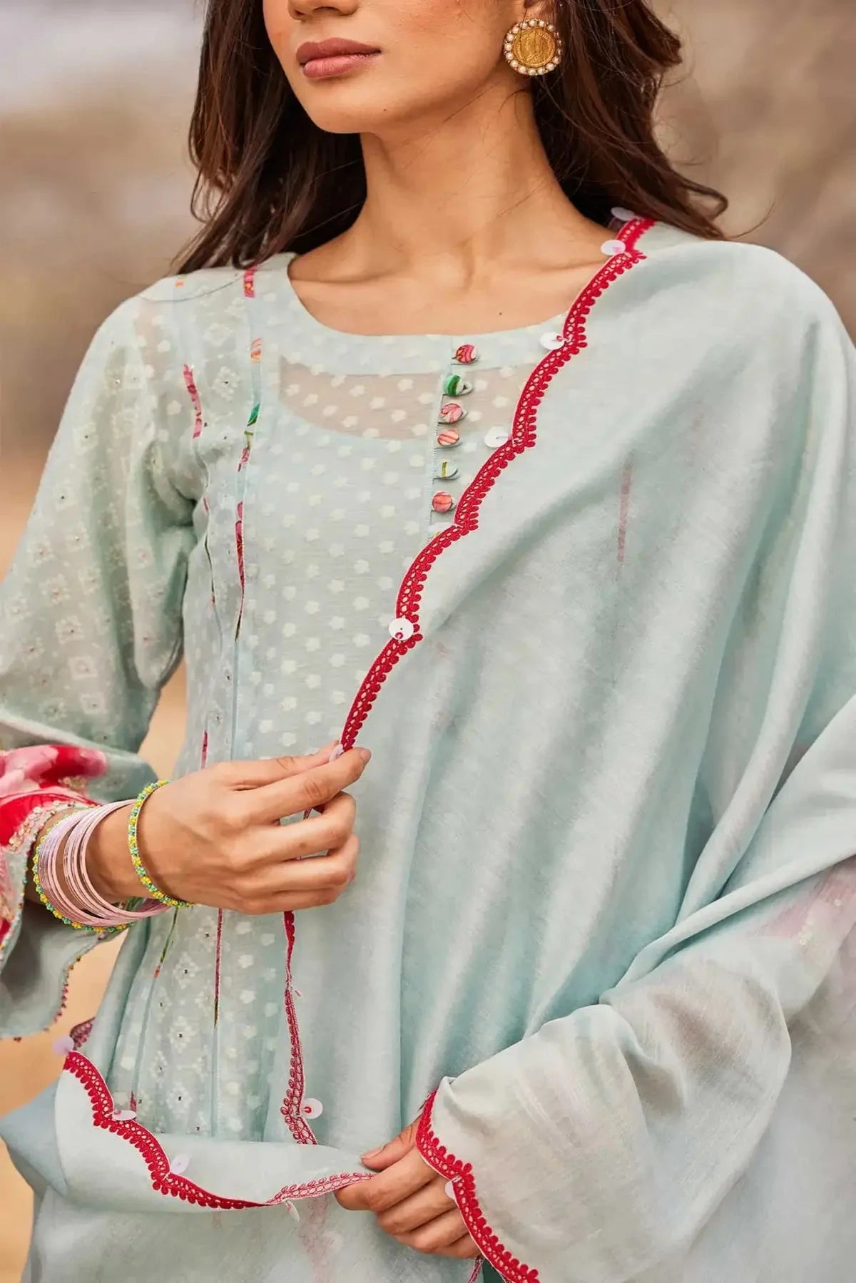 Light Blue Chanderi Jamdani Kurta With Pants And Dupatta - Pallodstore
