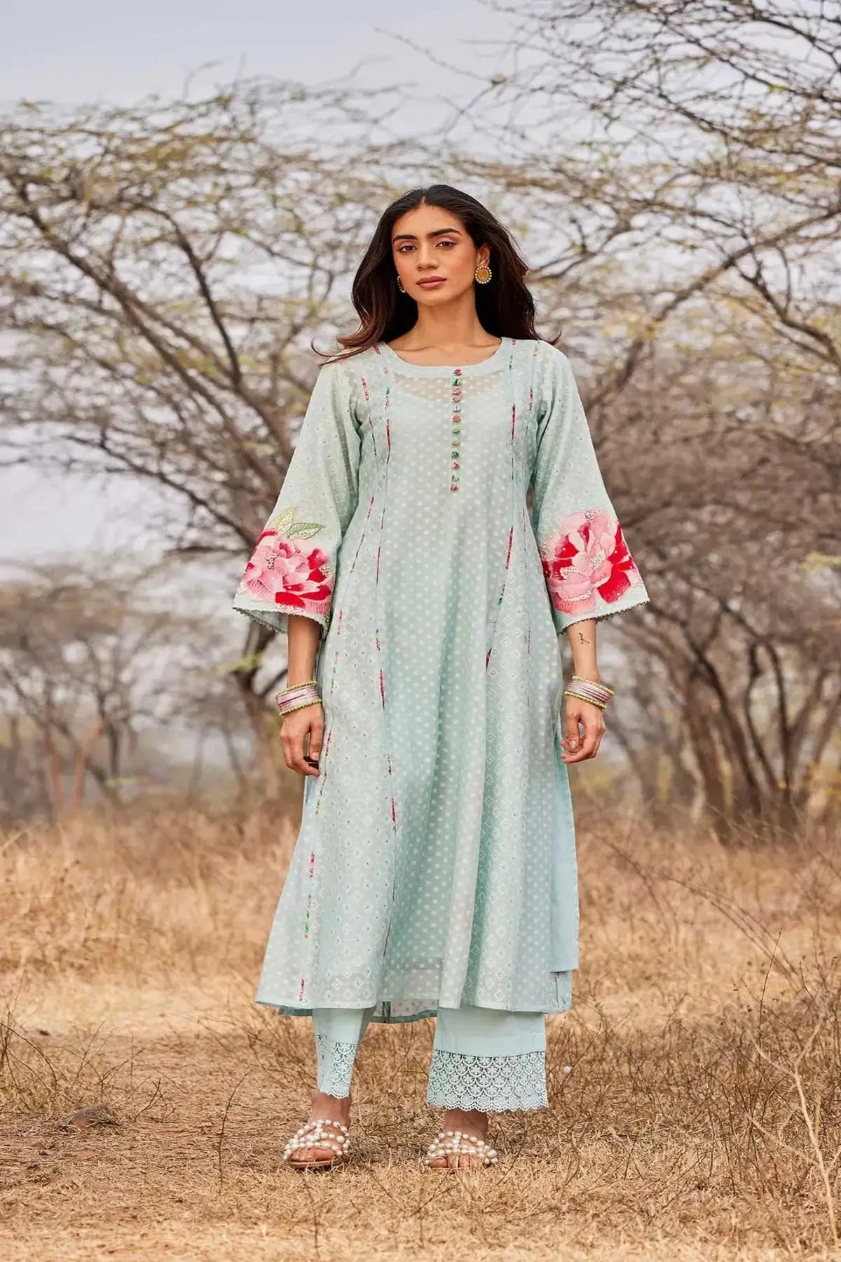 Light Blue Chanderi Jamdani Kurta With Pants And Dupatta - Pallodstore