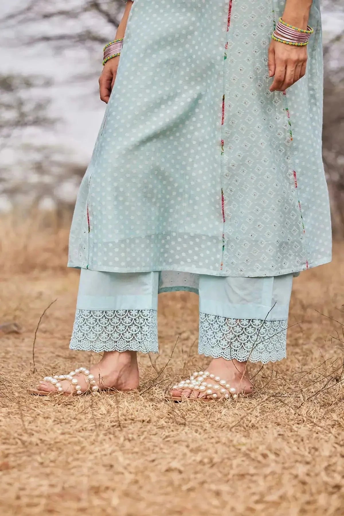 Light Blue Chanderi Jamdani Kurta With Pants And Dupatta - Pallodstore