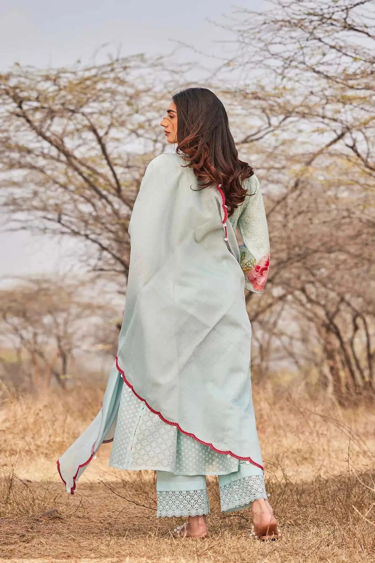 Light Blue Chanderi Jamdani Kurta With Pants And Dupatta - Pallodstore