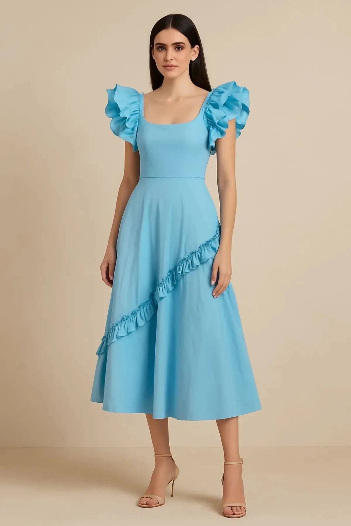 Light Blue Knee Length Ruffle Frock - Pallodstore
