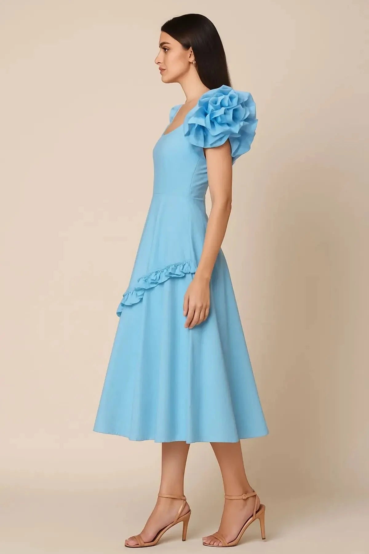 Light Blue Knee Length Ruffle Frock - Pallodstore