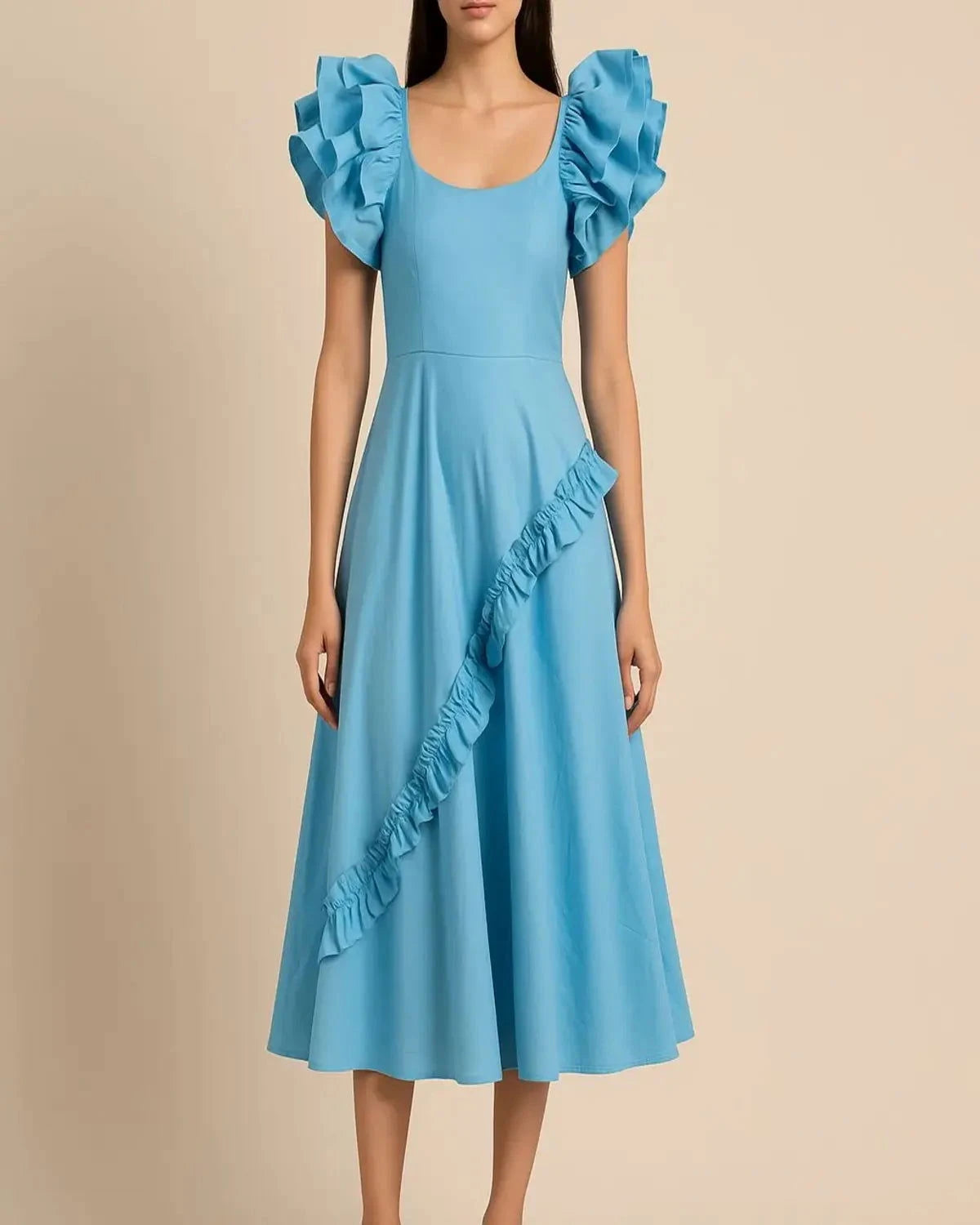 Light Blue Knee Length Ruffle Frock - Pallodstore