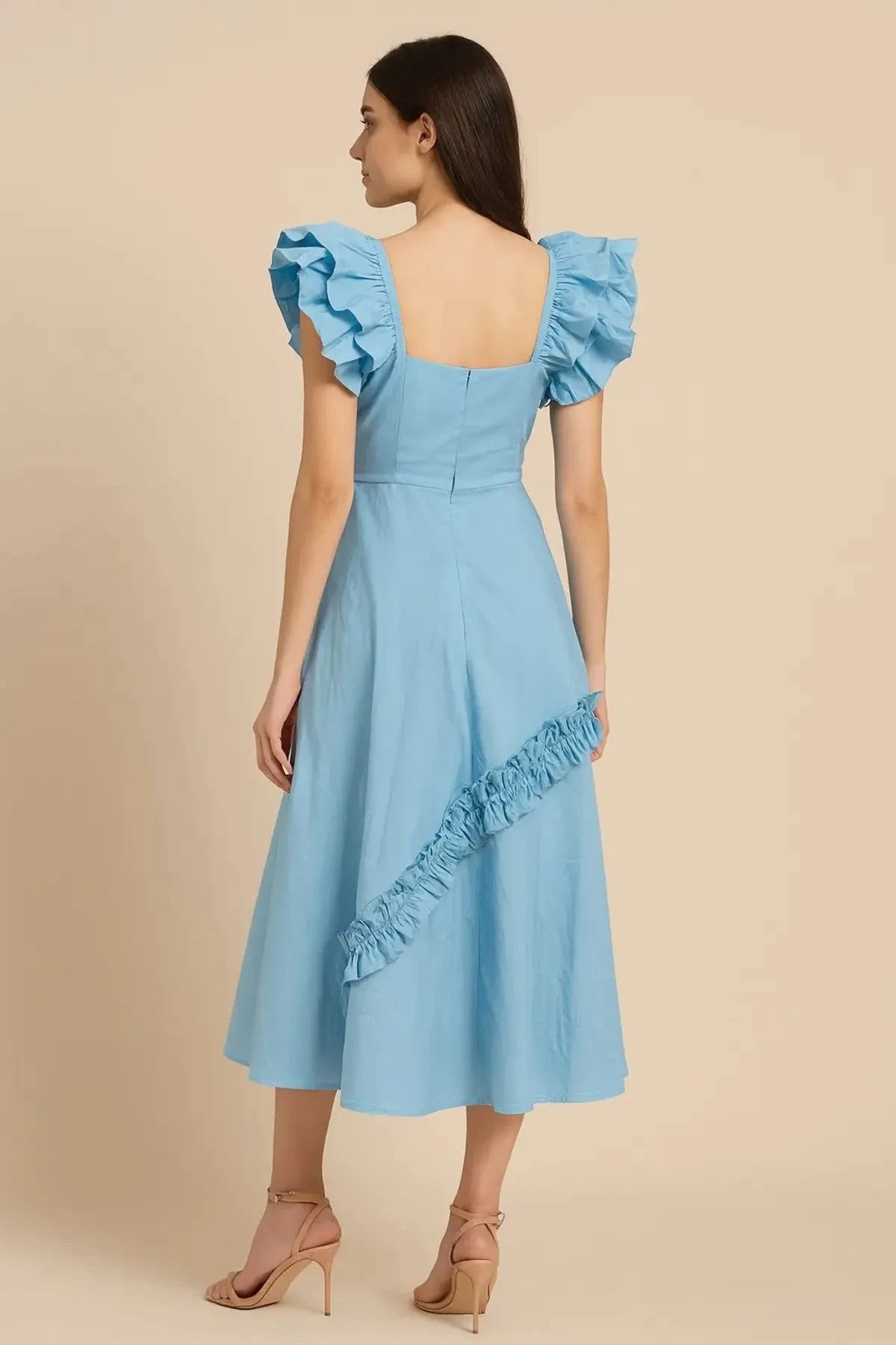Light Blue Knee Length Ruffle Frock - Pallodstore