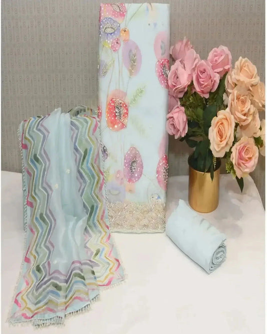 Light Blue Multicoloured Organza Dress Material - Pallodstore