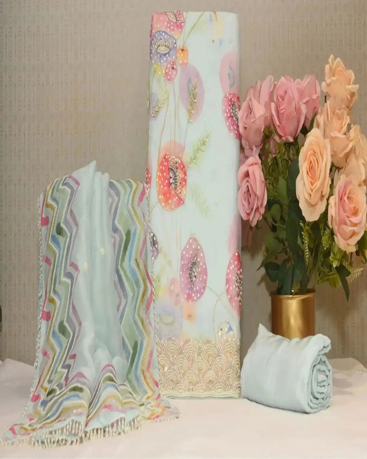 Light Blue Multicoloured Organza Dress Material - Pallodstore