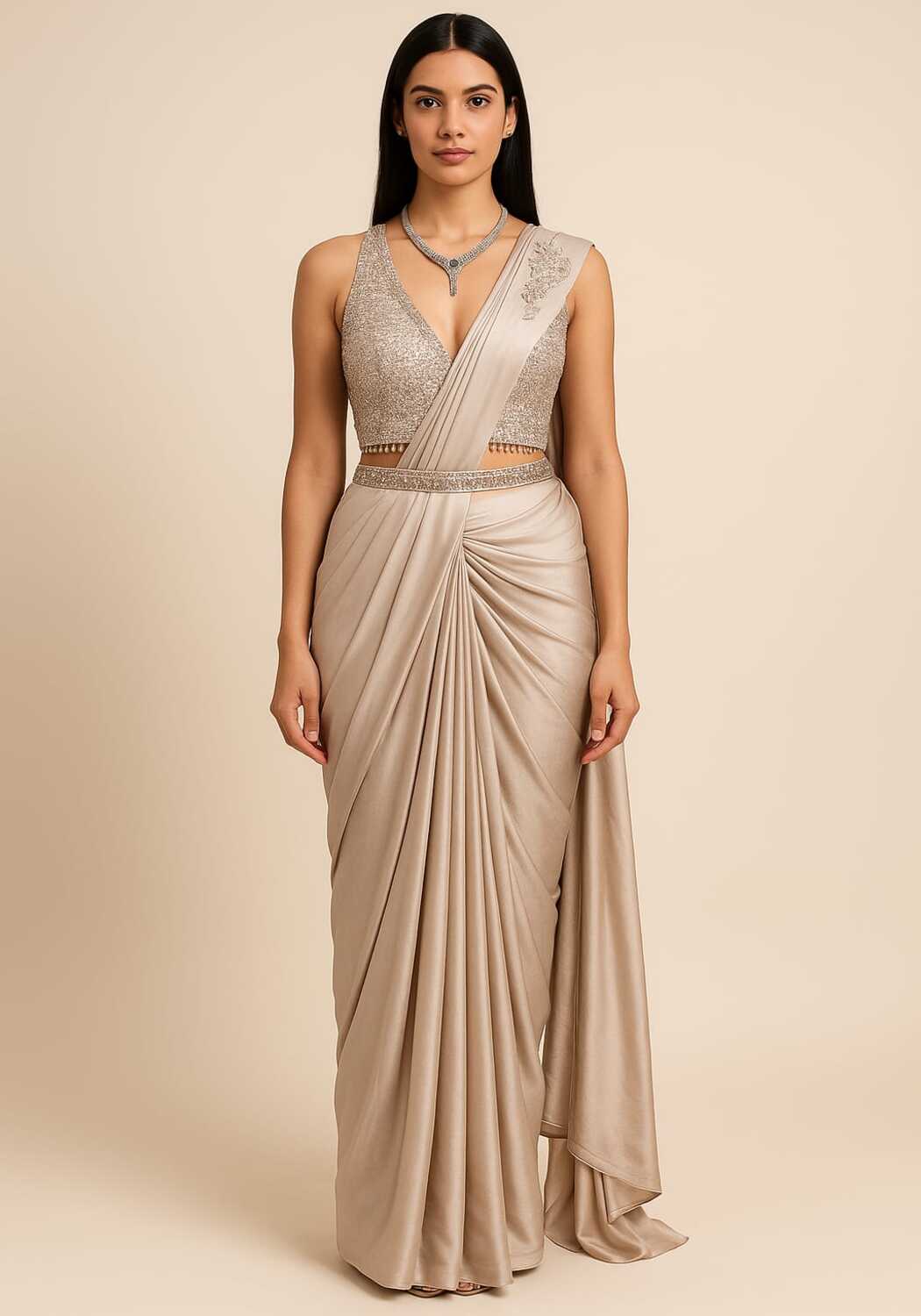 Light Gold Draped Saree - Pallodstore