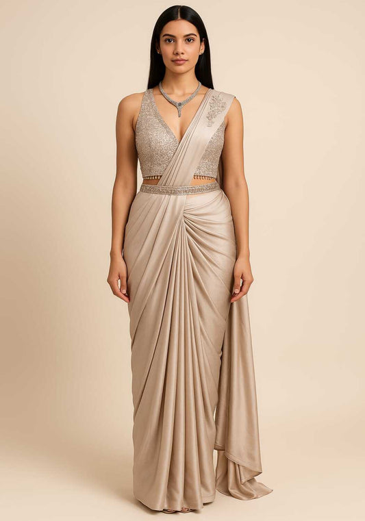 Light Gold Draped Saree - Pallodstore