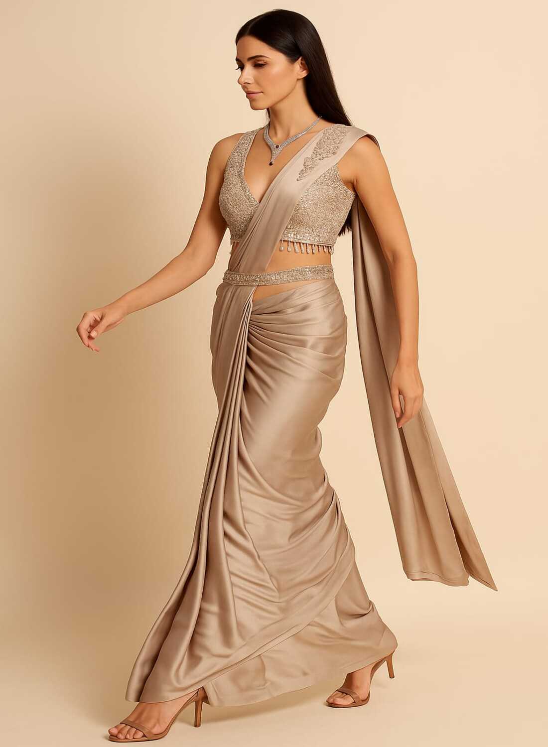 Light Gold Draped Saree - Pallodstore