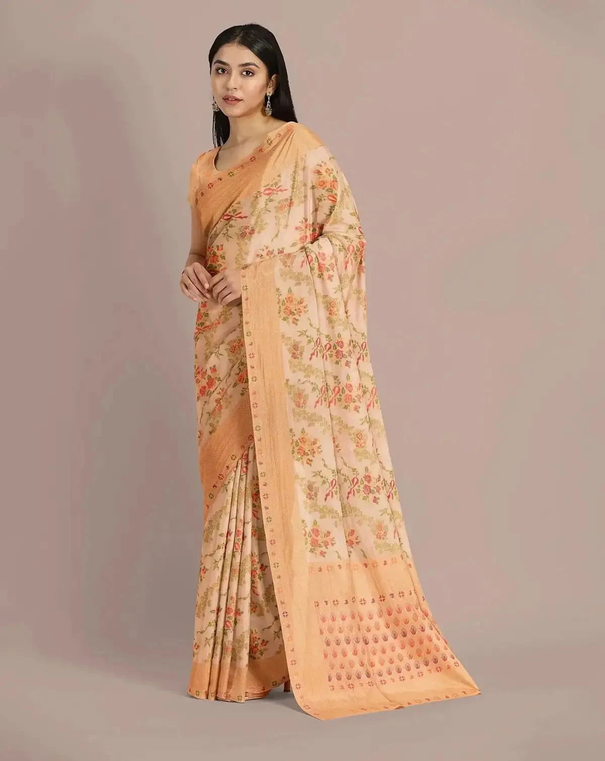 Light Peach Handwoven Tussar Georgette Saree - Pallodstore