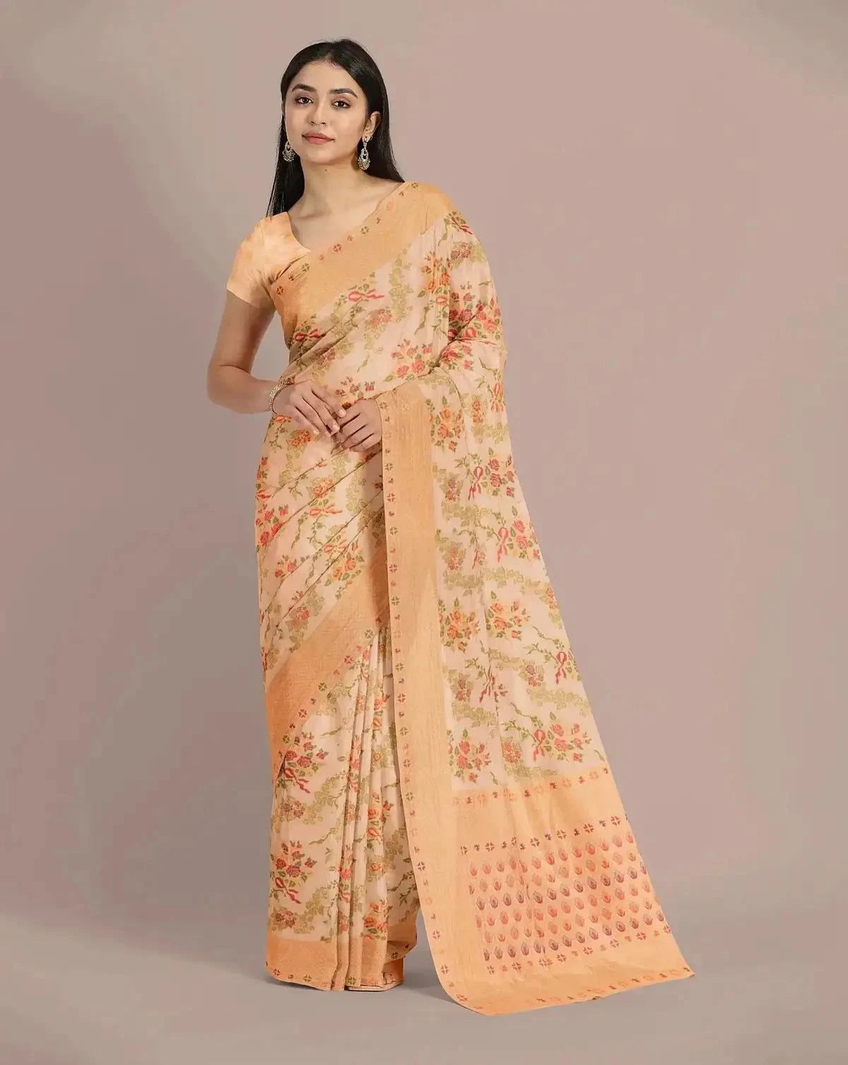 Light Peach Handwoven Tussar Georgette Saree - Pallodstore
