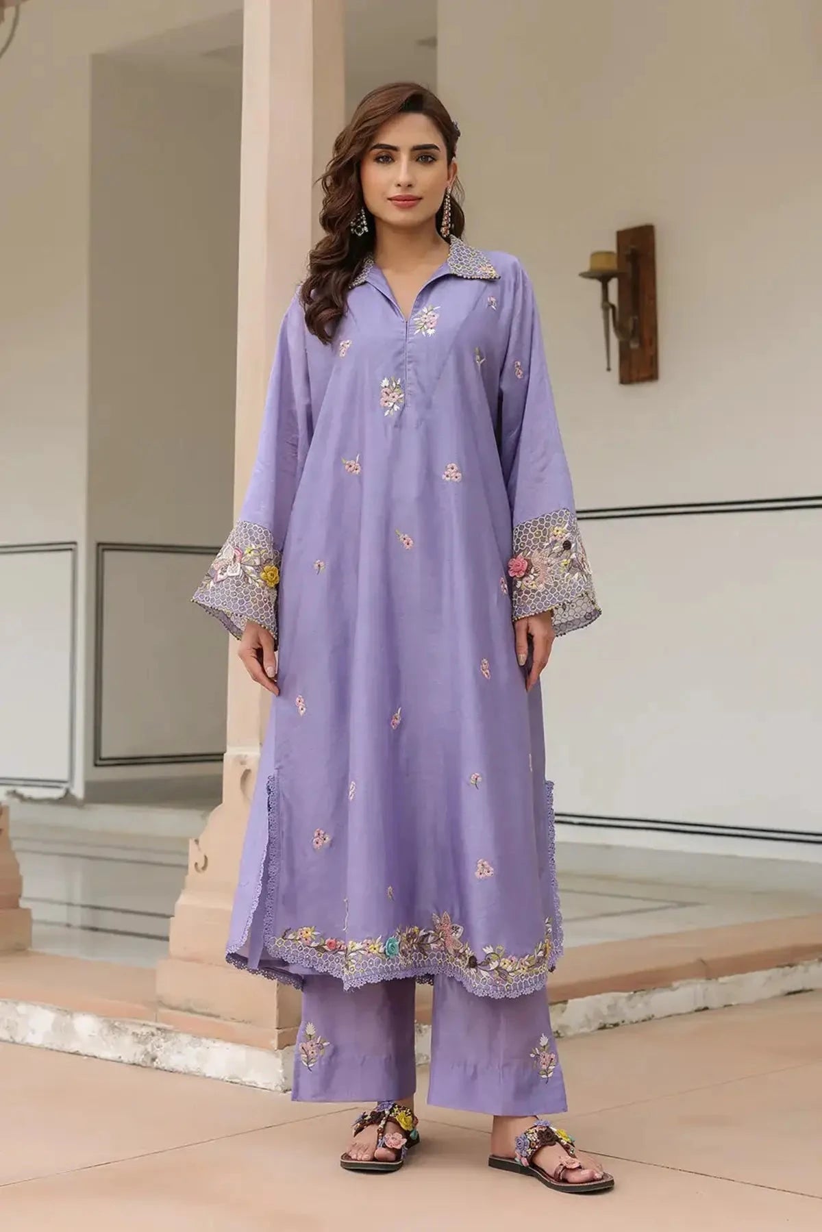 Lilac Gulzar Collar Kurta Set - Pallodstore