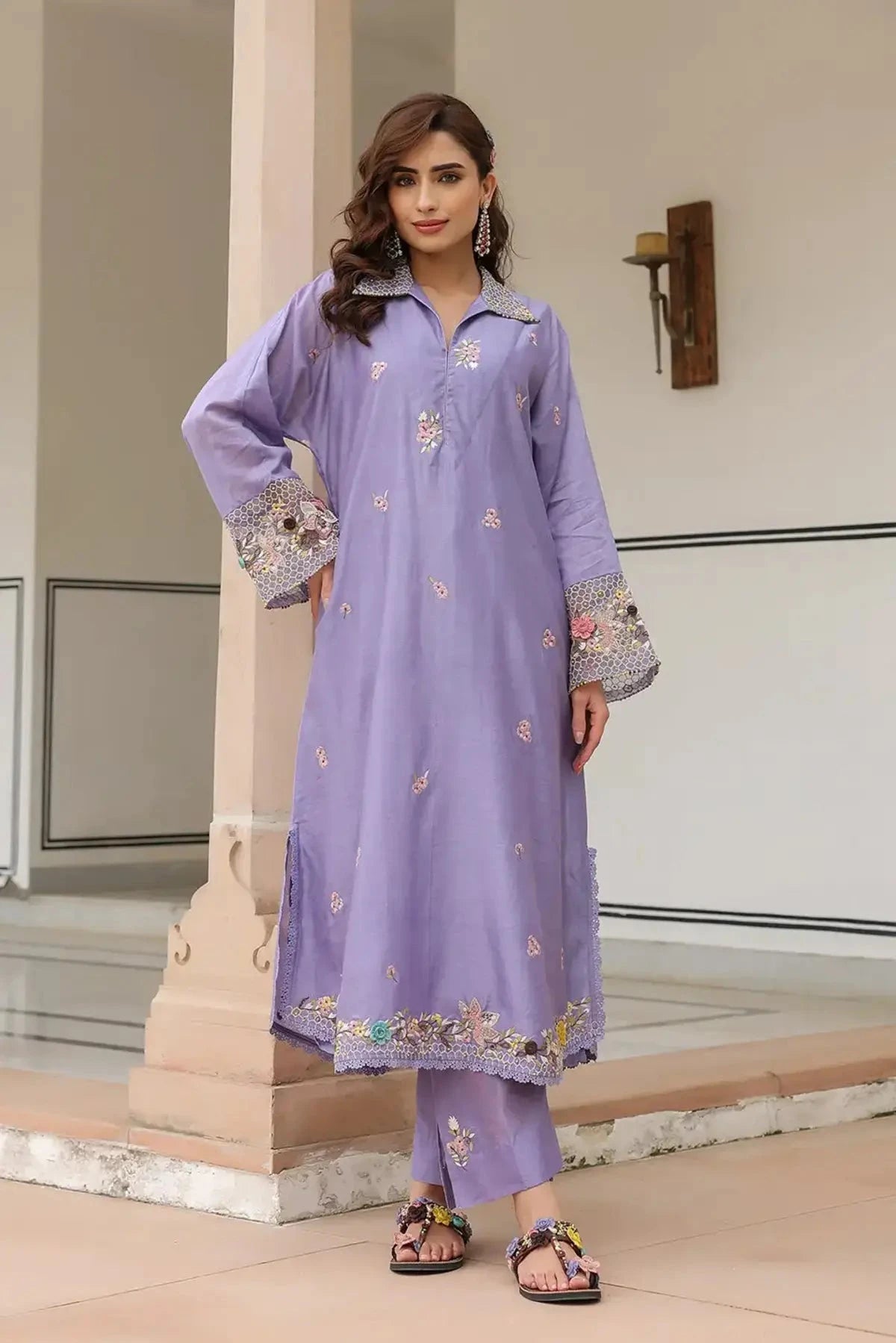 Lilac Gulzar Collar Kurta Set - Pallodstore