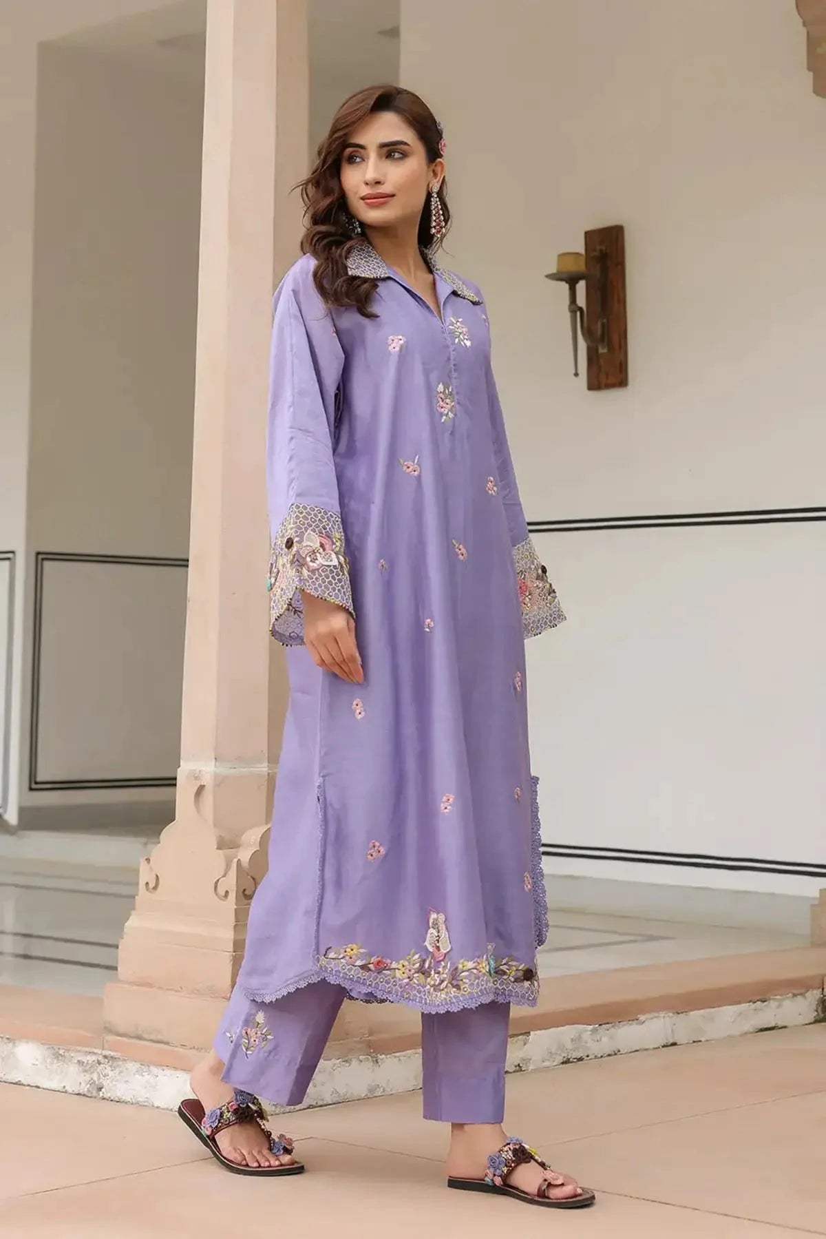 Lilac Gulzar Collar Kurta Set - Pallodstore