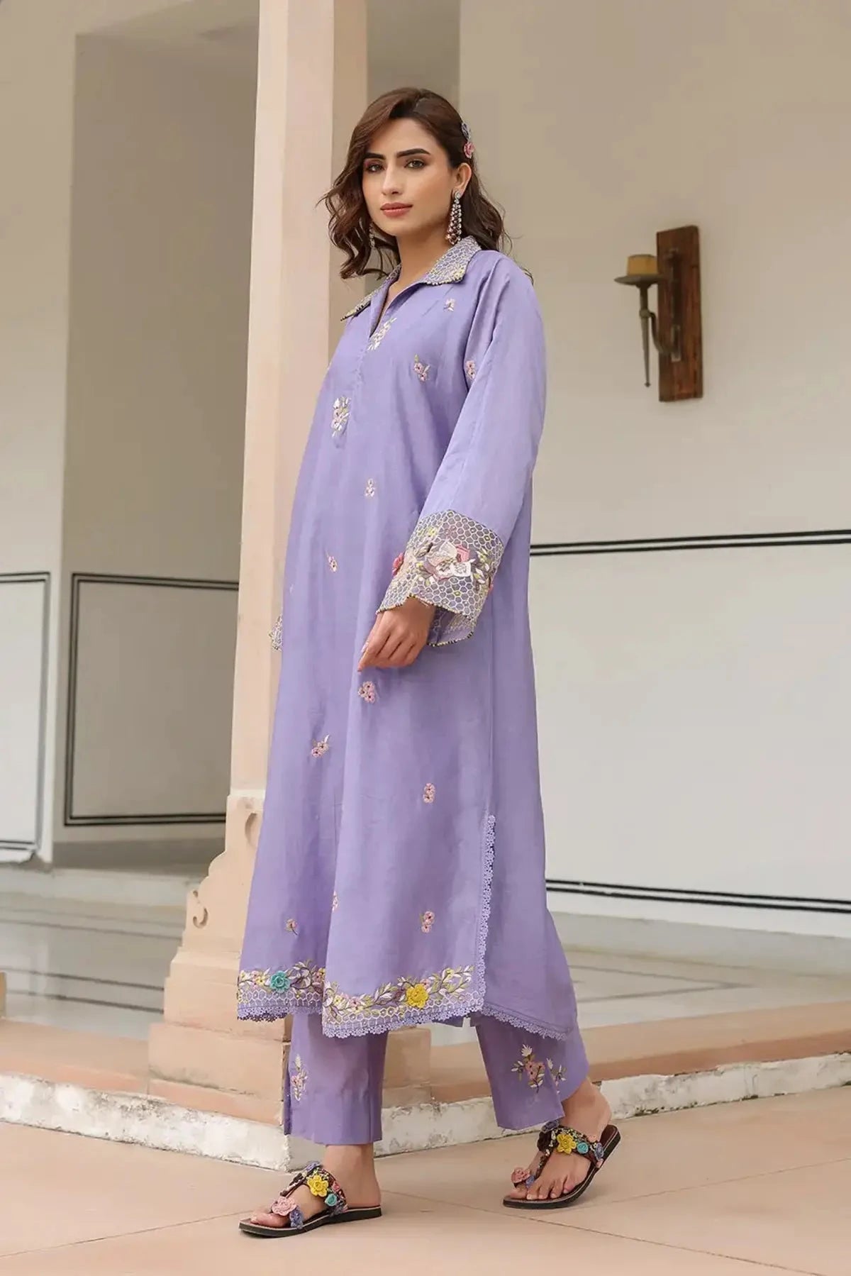 Lilac Gulzar Collar Kurta Set - Pallodstore