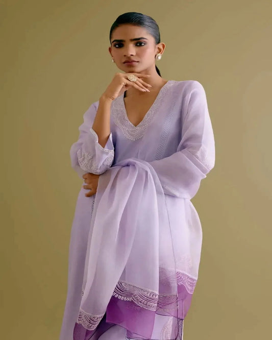 Lilac Silk Chanderi Dori Embroidered Kurta Set - Pallodstore