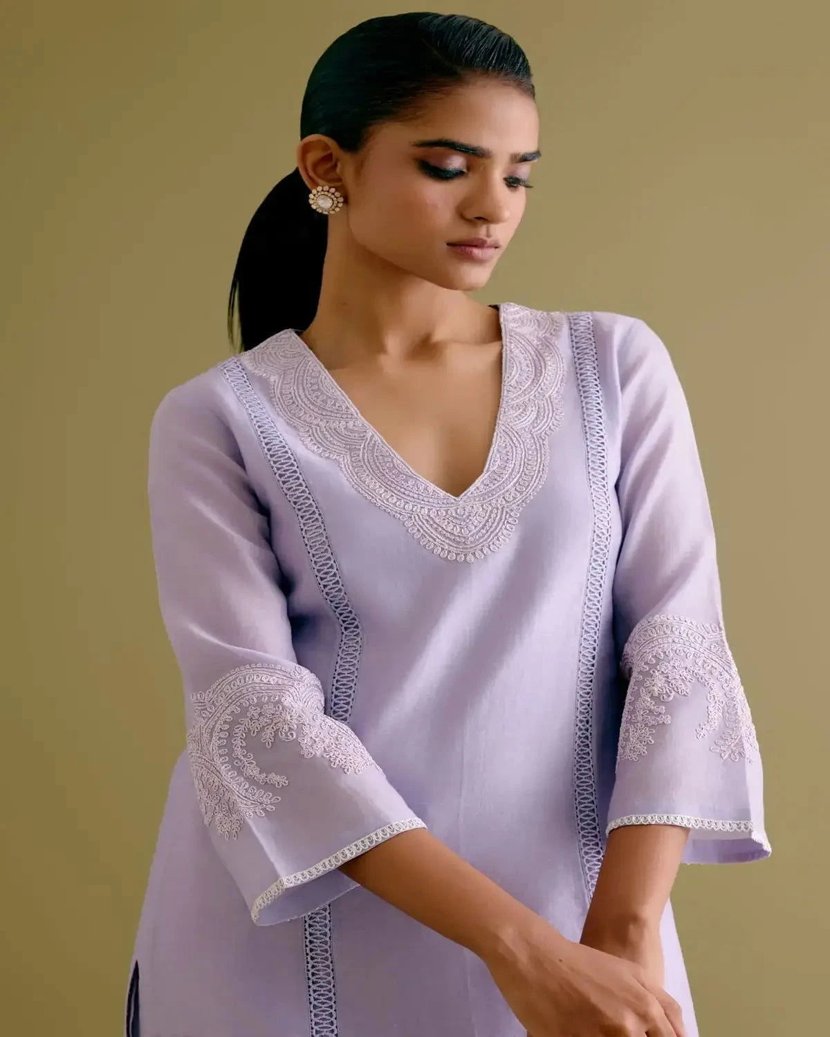 Lilac Silk Chanderi Dori Embroidered Kurta Set - Pallodstore