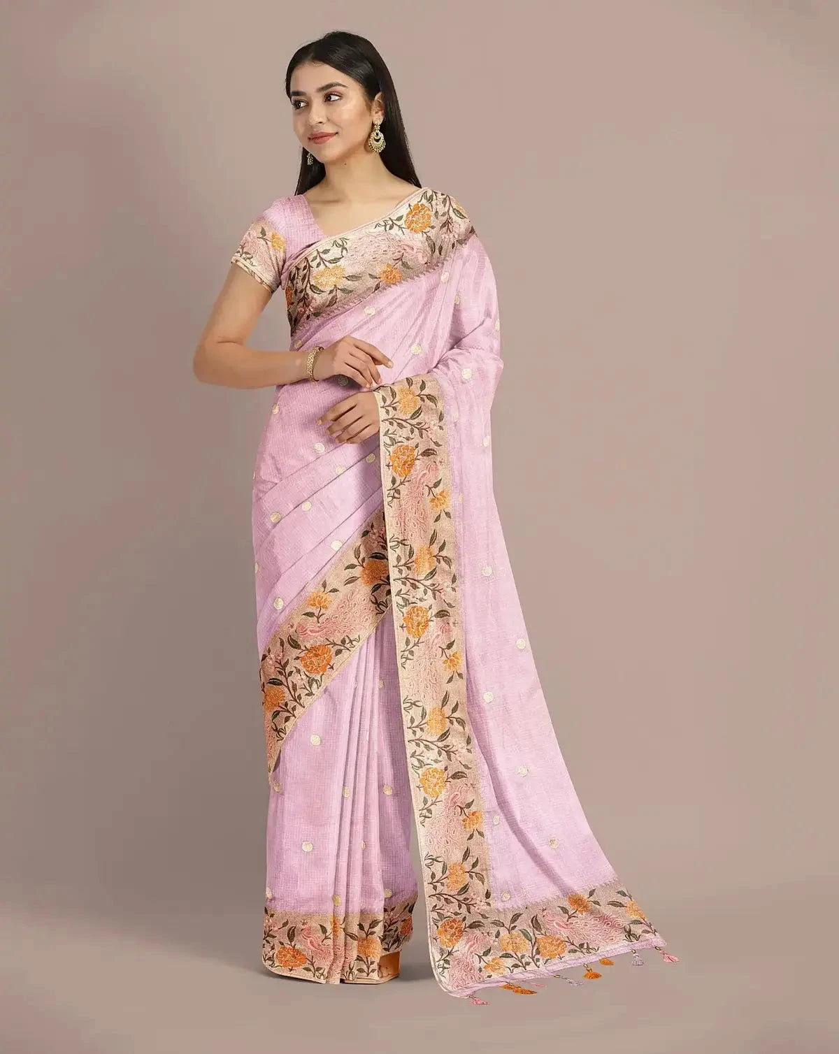 Lilac Silk Kota Embroidered Saree - Pallodstore