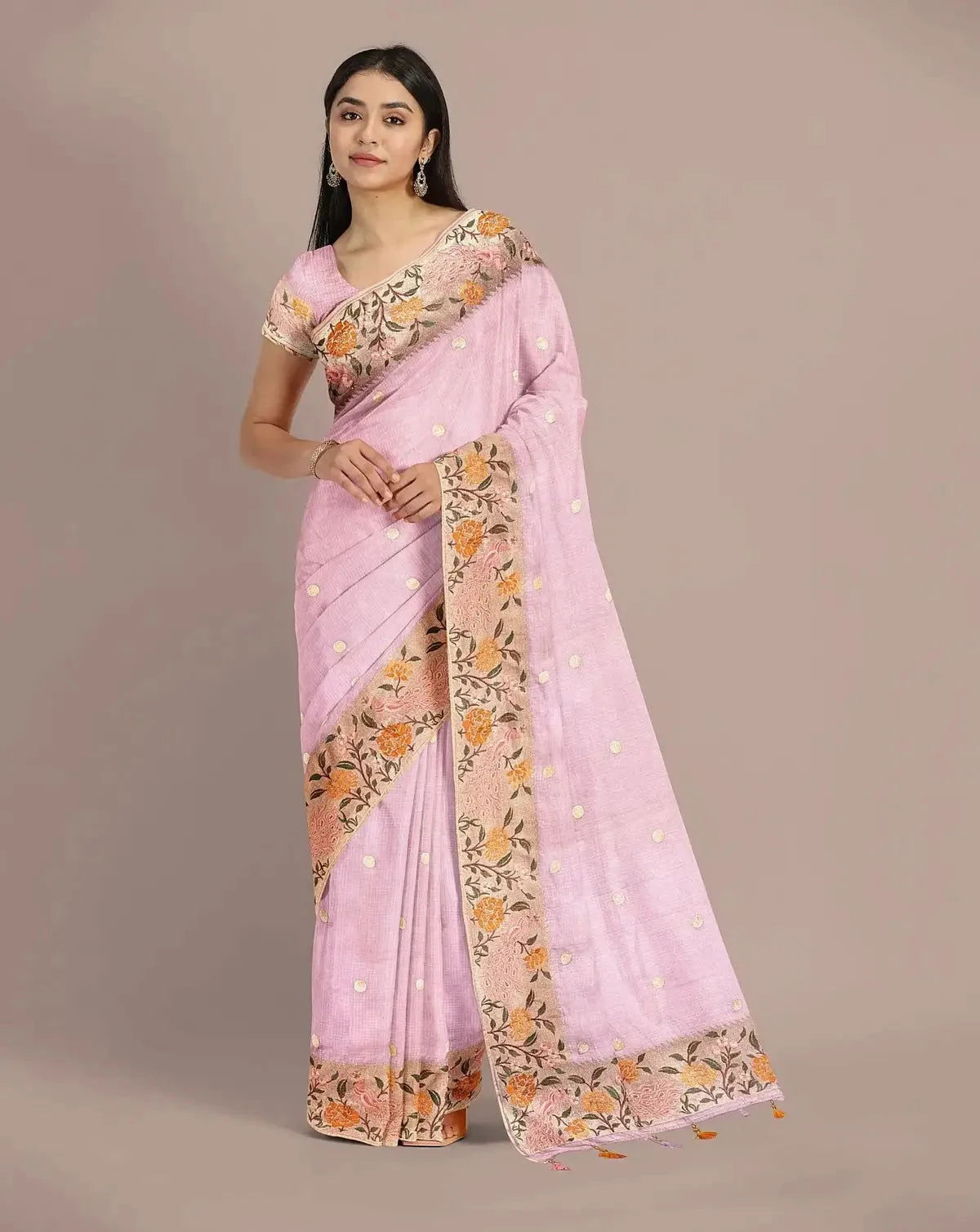Lilac Silk Kota Embroidered Saree - Pallodstore