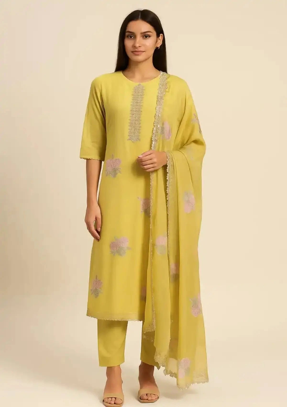 Lime Green Straight Line Suit Dress Material - Pallodstore