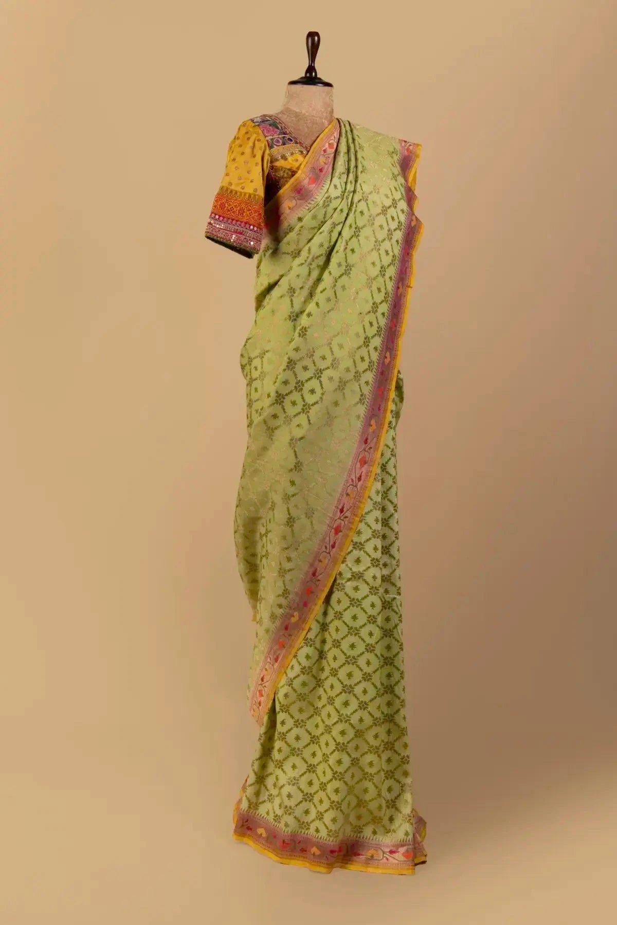 Lime Green Tussar Georgette Saree - Pallodstore
