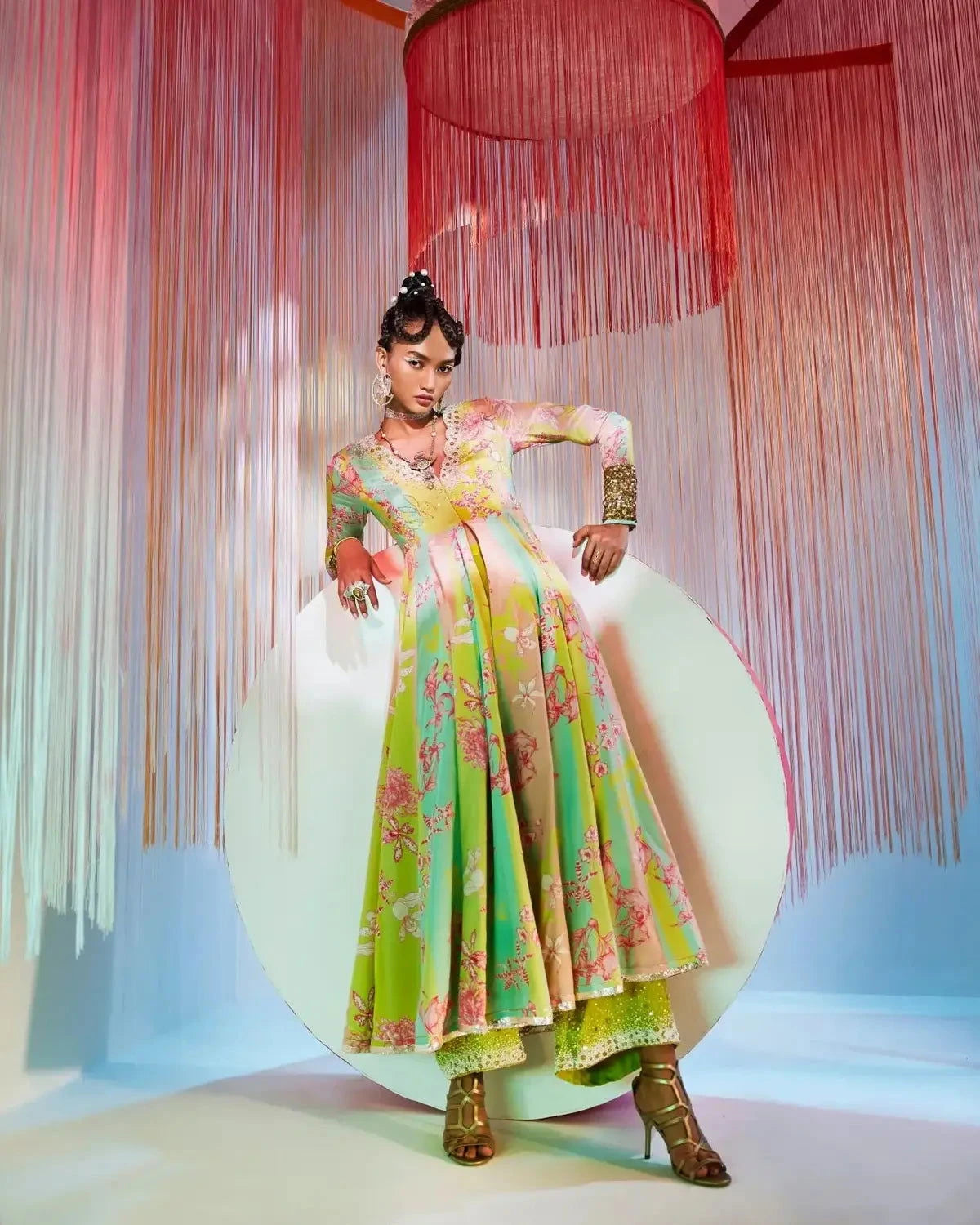 Lime Yellow Orchid Anarkali Set - Pallodstore