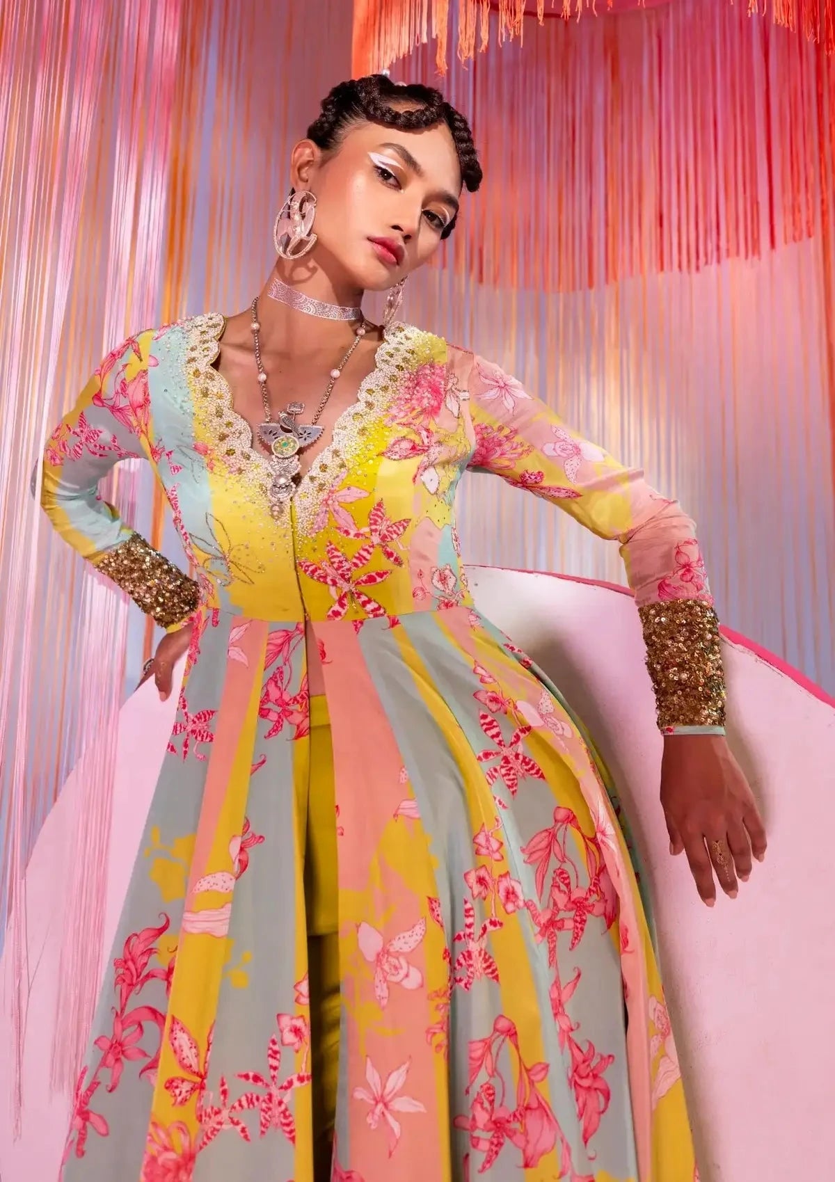 Lime Yellow Orchid Anarkali Set - Pallodstore
