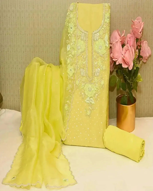 Lime Yellow Organza Dress Material - Pallodstore