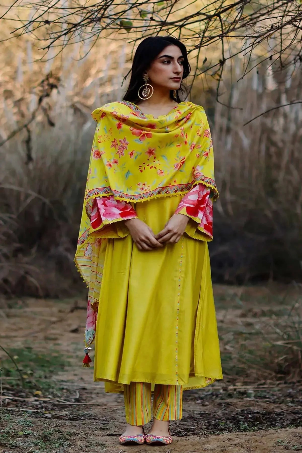 Lime chanderi patchwork kurta with pants and dupatta - Pallodstore