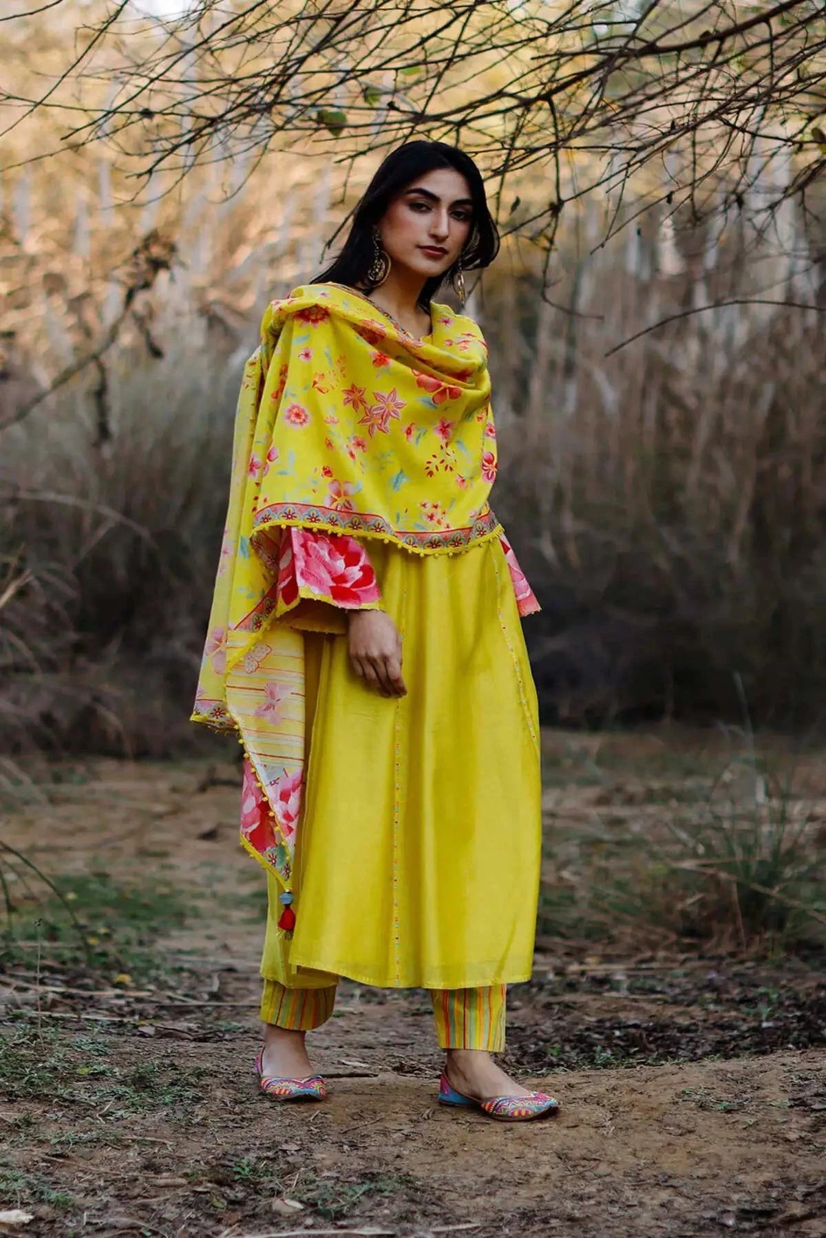 Lime chanderi patchwork kurta with pants and dupatta - Pallodstore