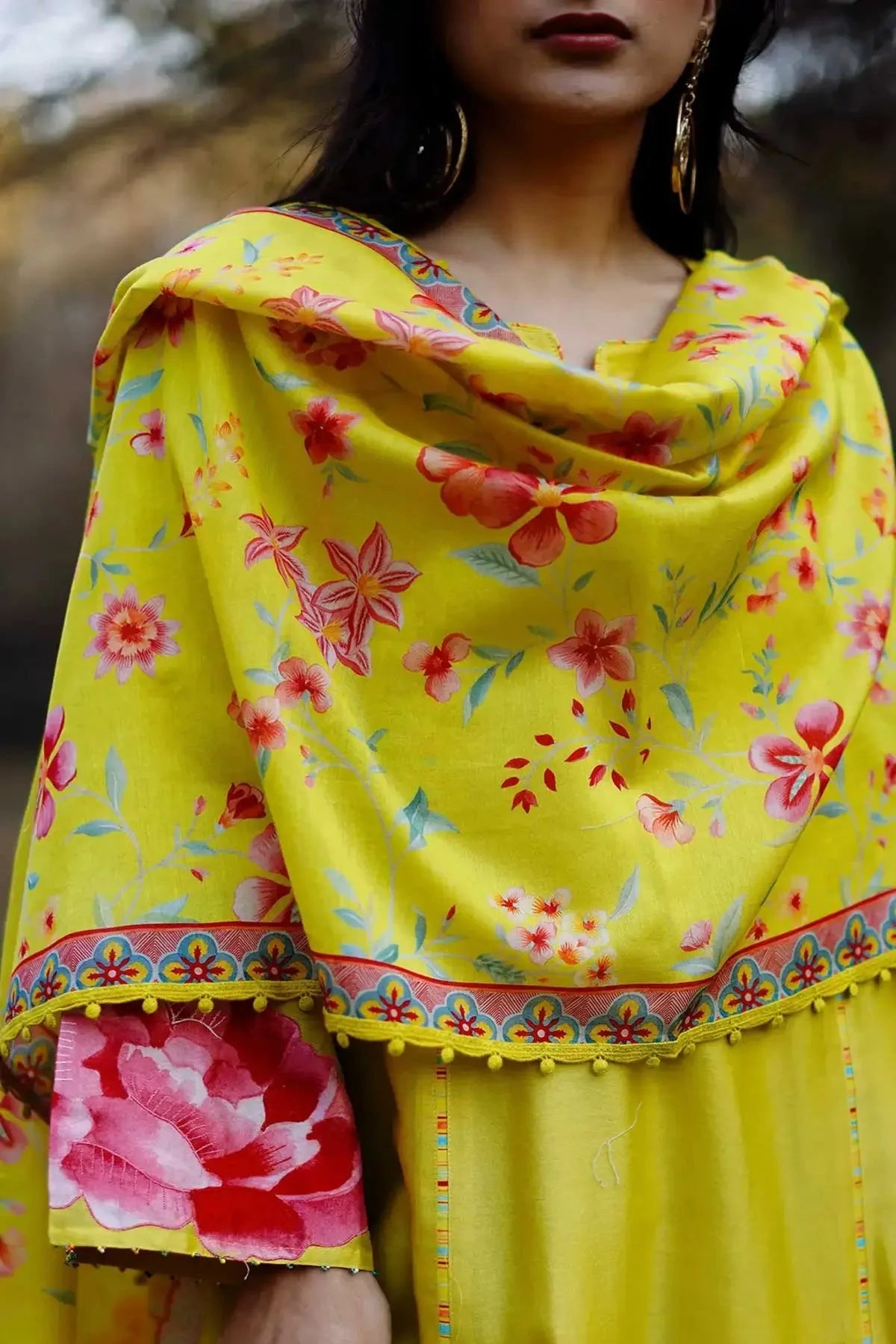 Lime chanderi patchwork kurta with pants and dupatta - Pallodstore