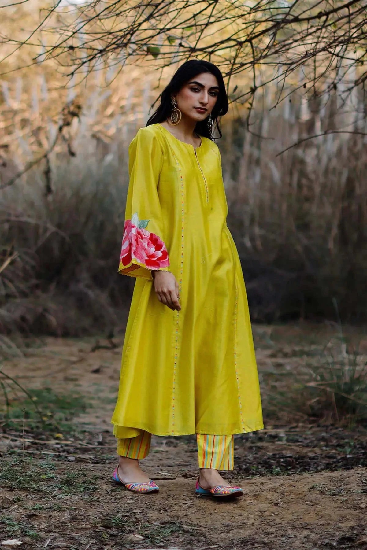 Lime chanderi patchwork kurta with pants and dupatta - Pallodstore