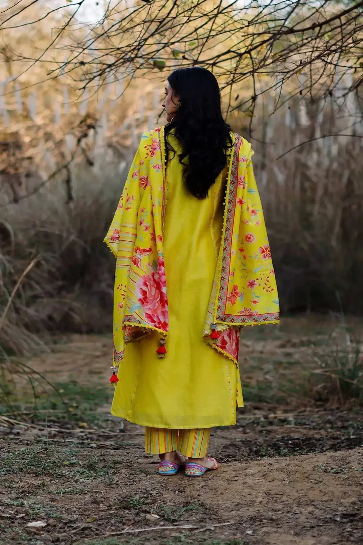 Lime chanderi patchwork kurta with pants and dupatta - Pallodstore