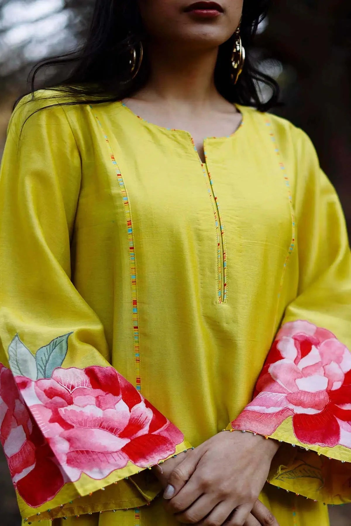 Lime chanderi patchwork kurta with pants and dupatta - Pallodstore
