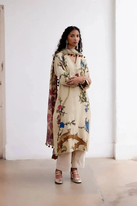 Malabar Lepord Ivory Kurta Set - Pallodstore
