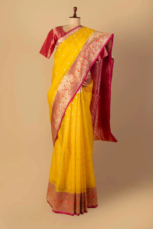 Mango Yellow Banarasi Kora Saree - Pallodstore