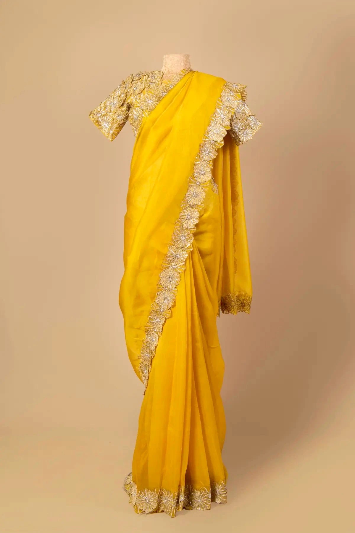Mango Yellow Organza Embroidered   Saree - Pallodstore