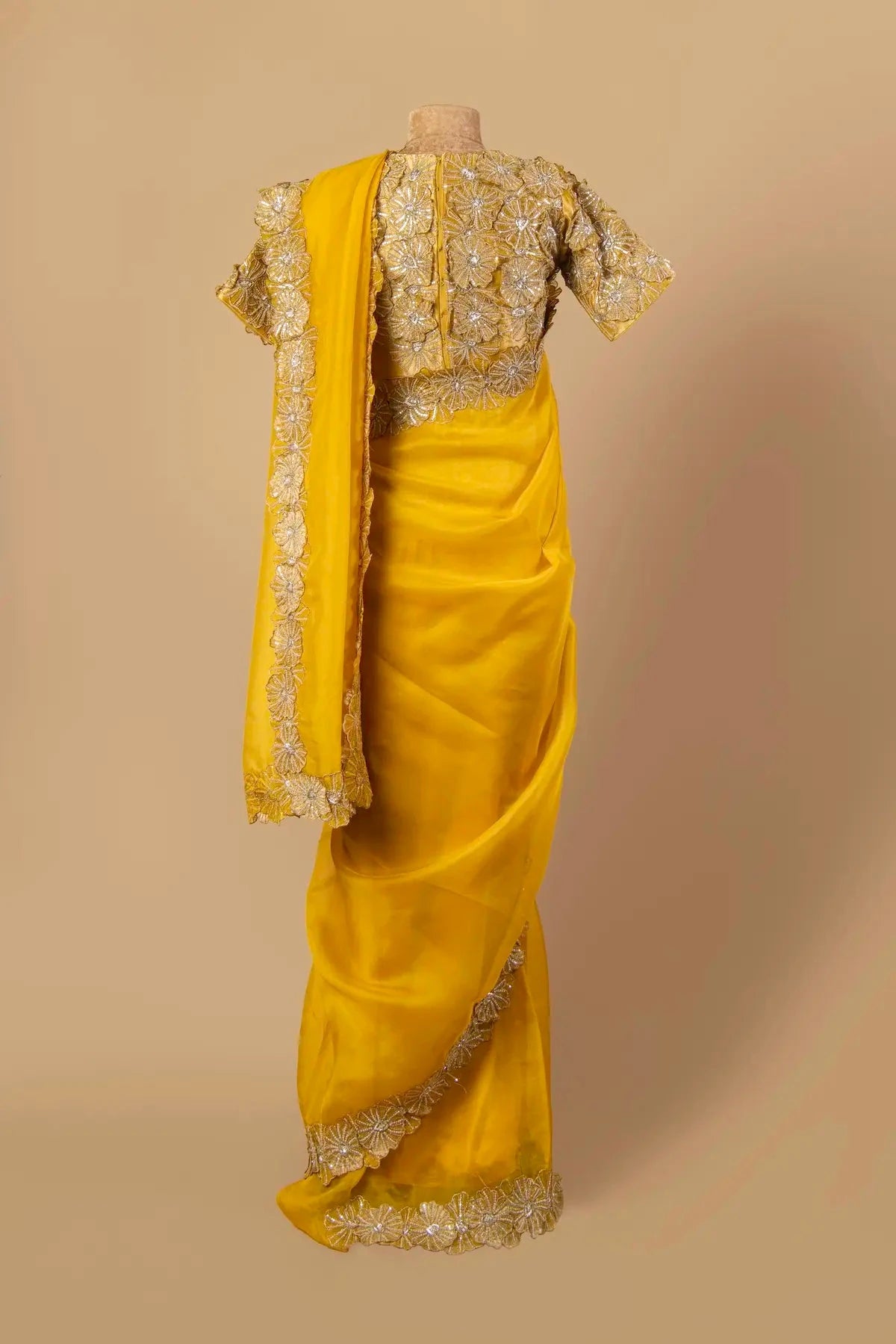 Mango Yellow Organza Embroidered   Saree - Pallodstore