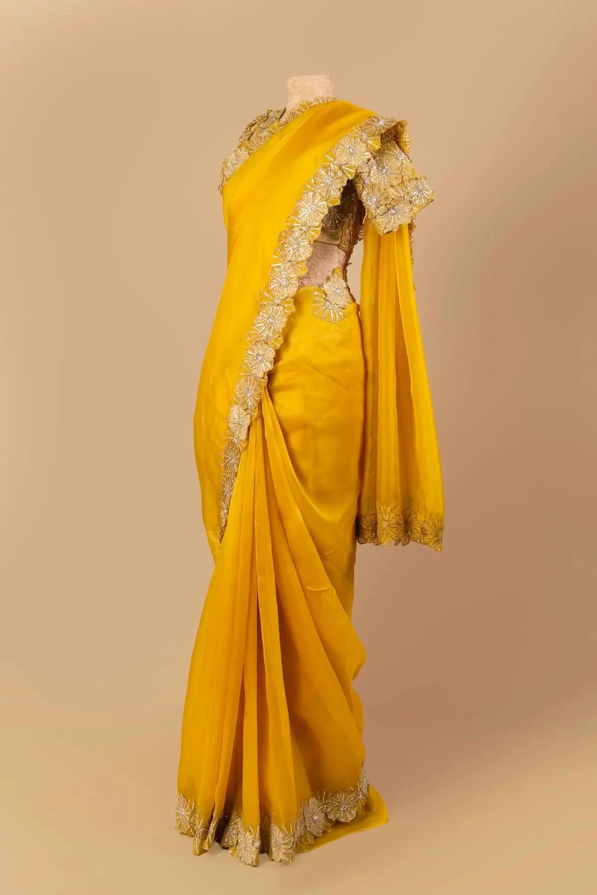Mango Yellow Organza Embroidered   Saree - Pallodstore