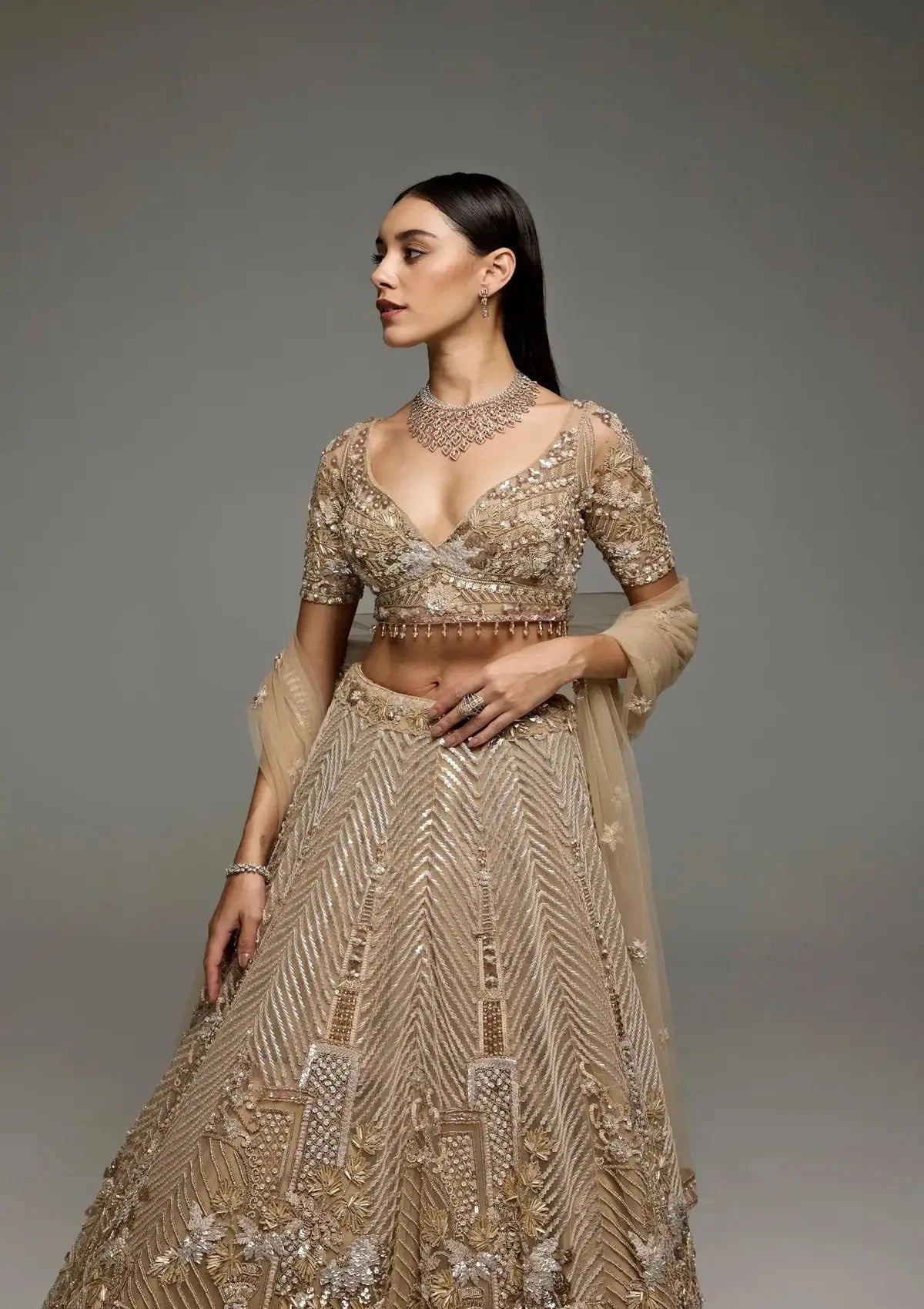Megan Golden Lehenga - Pallodstore