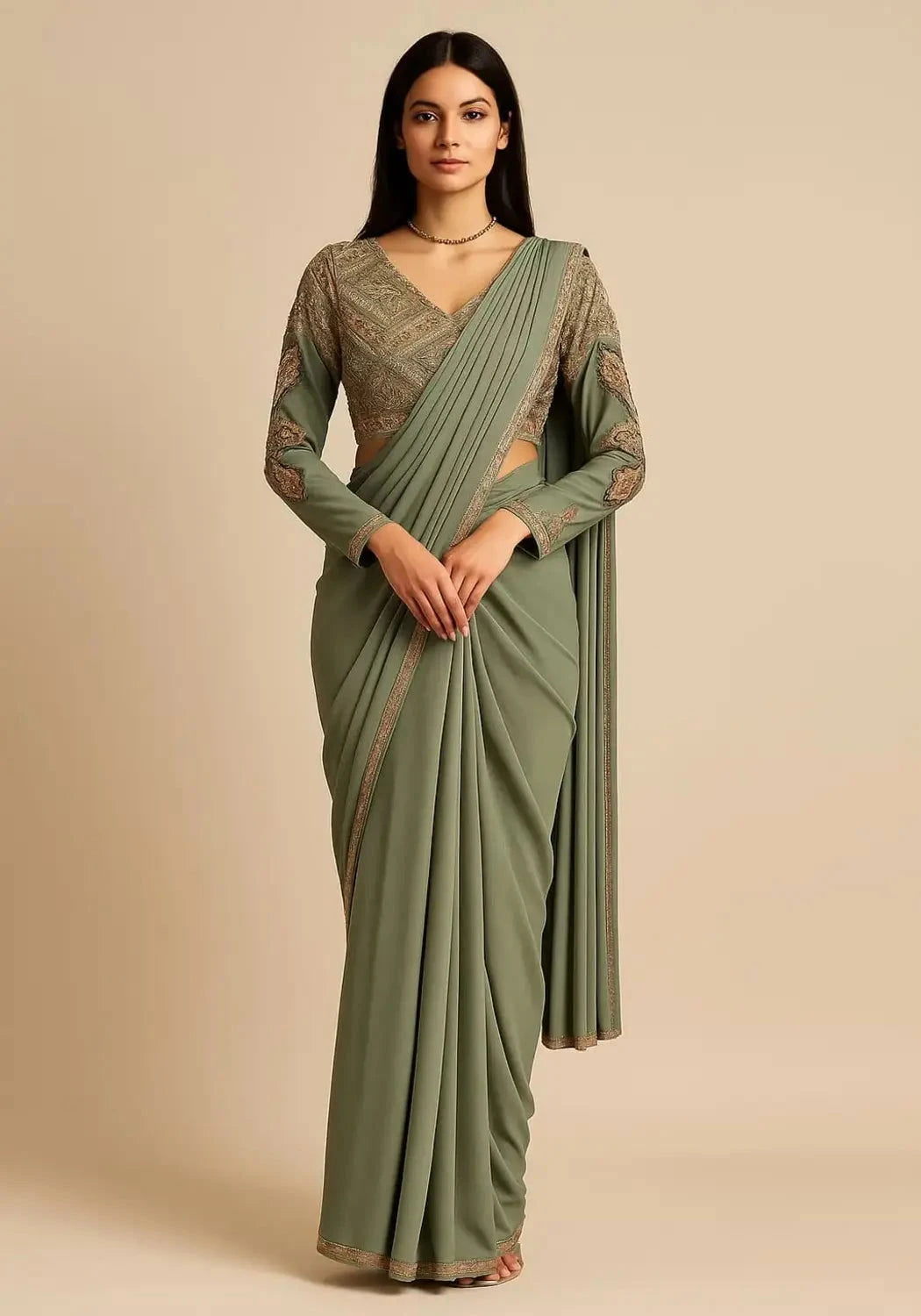Mint Green Draped Saree - Pallodstore