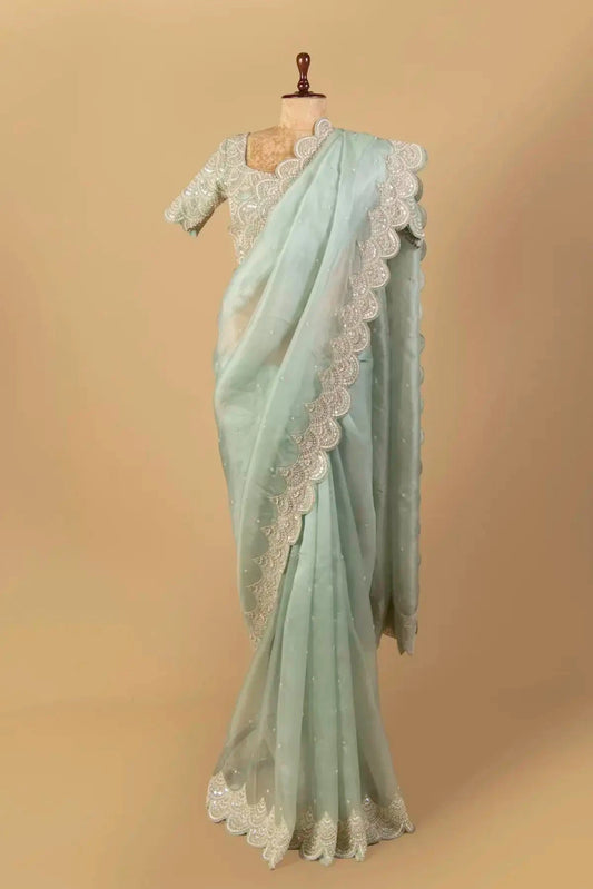 Mint Green Organza Embroidered Saree - Pallodstore