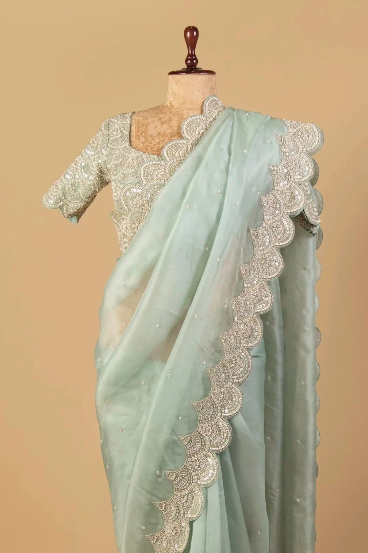 Mint Green Organza Embroidered Saree - Pallodstore