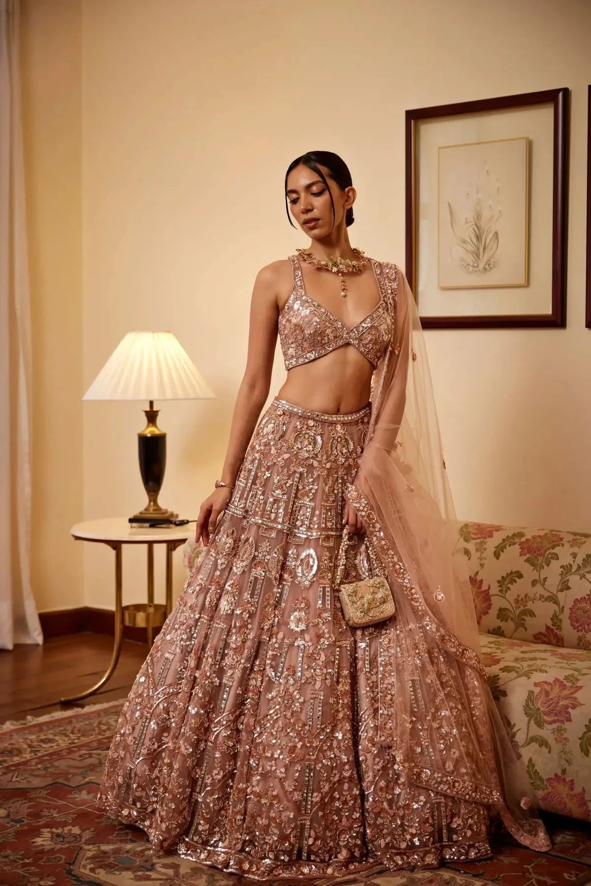 Mirror studded Rose Gold Lehenga - Pallodstore