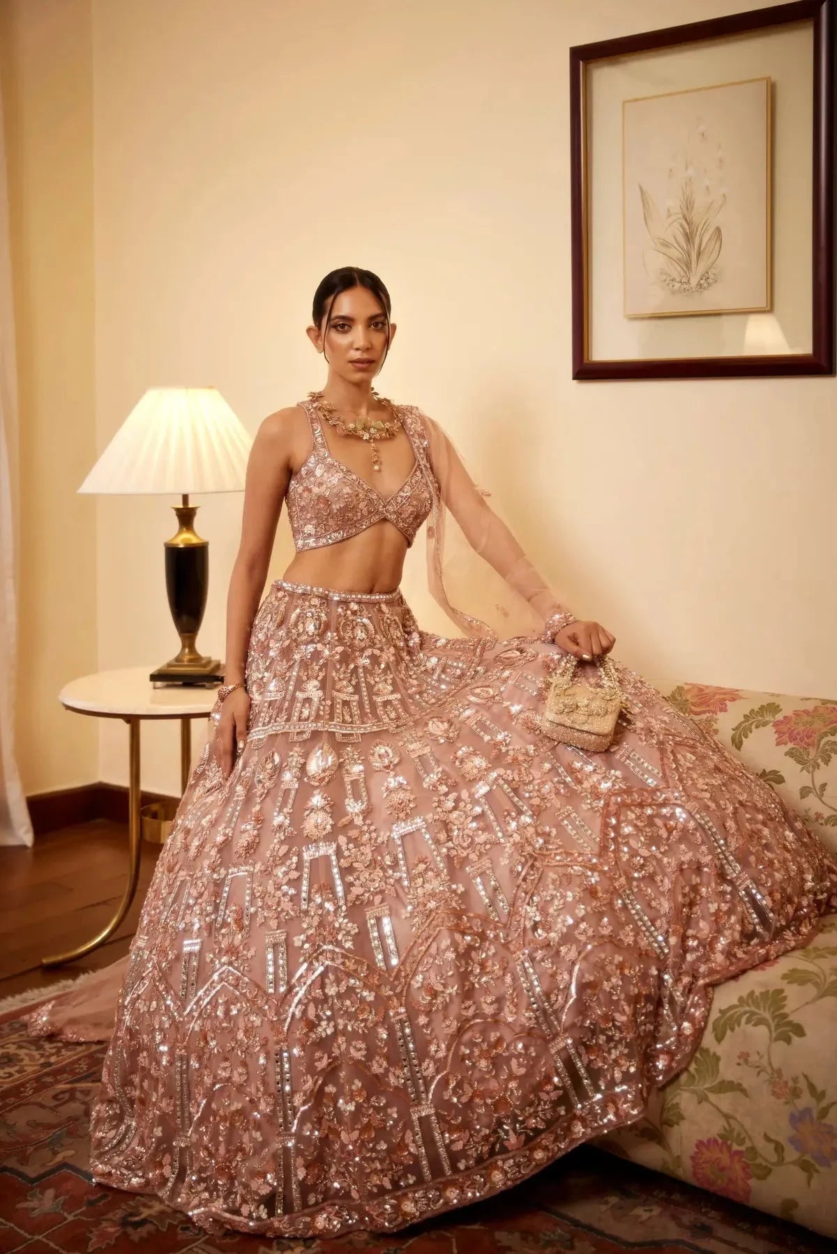 Mirror studded Rose Gold Lehenga - Pallodstore