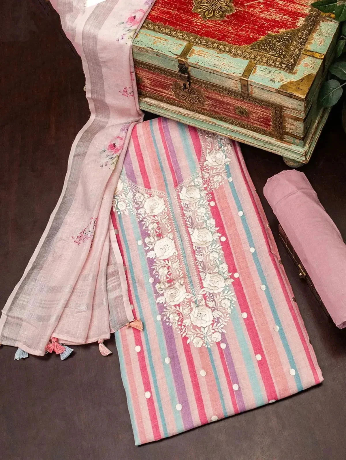 Multicoloured Linen Dress Material - Pallodstore