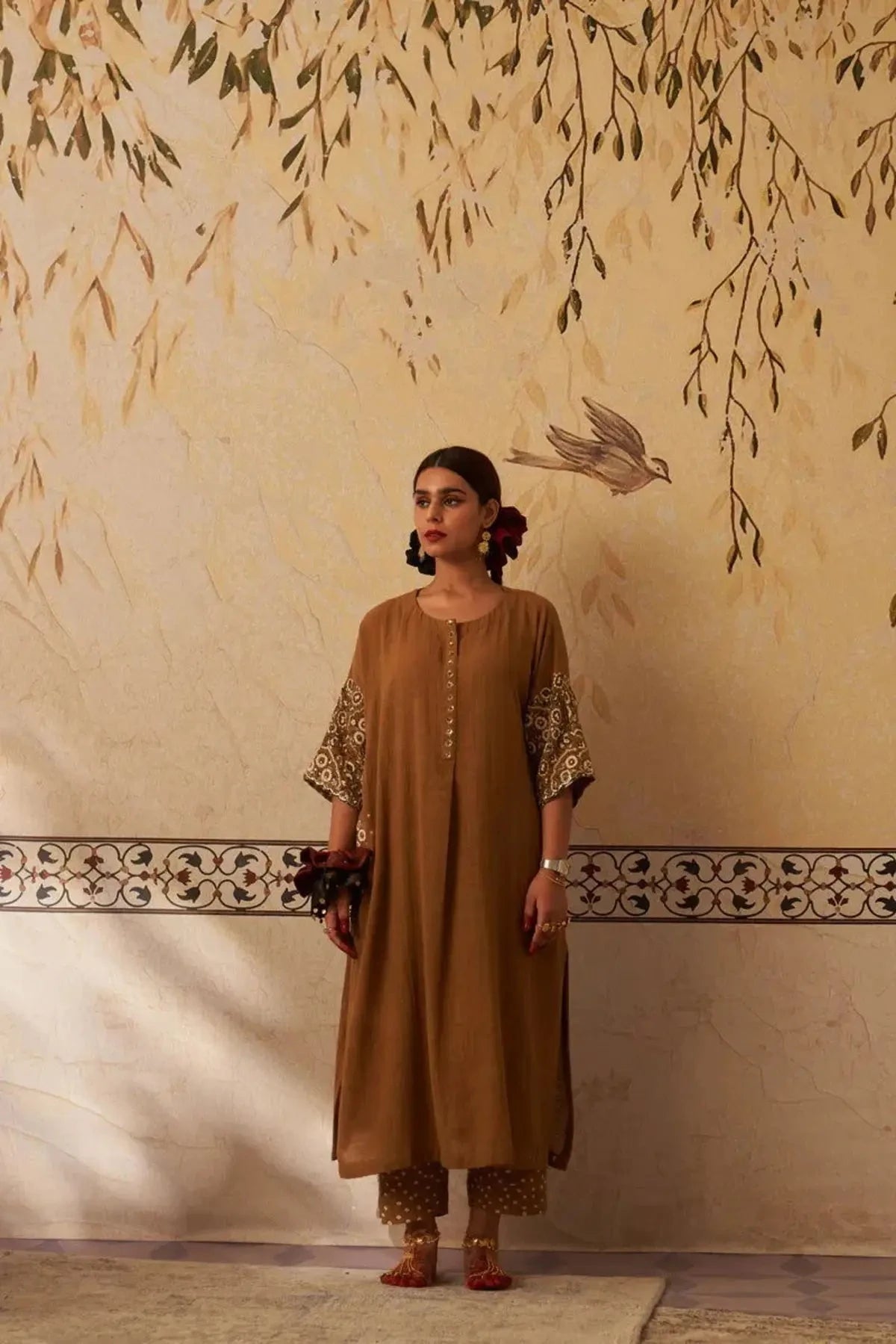 Mustard Ajrakh Khadi Pocket Kimono Set - Pallodstore